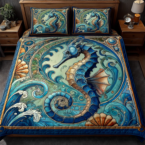 Sea Horse Waves 3-Piece Quilted Bedding Set NCU0DK8280
