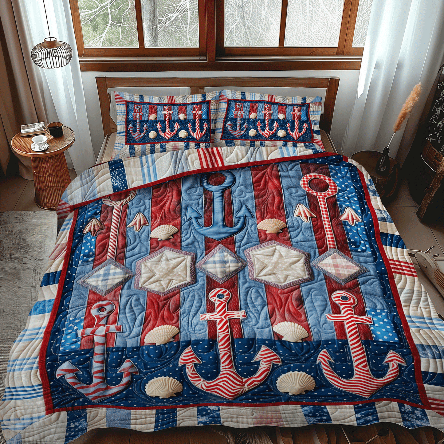 Seafarer Anchors 3-Piece Quilted Bedding Set NCU0TH1219
