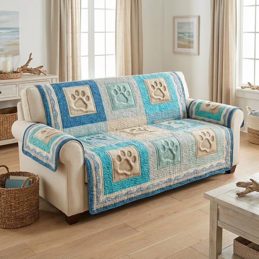 Seafoam Paws Quilted Sofa Cover NCU0TV1956
