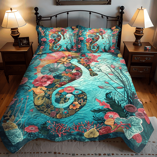 Seahorse in Bloom 3-Piece Quilted Bedding Set NCU0TH1270