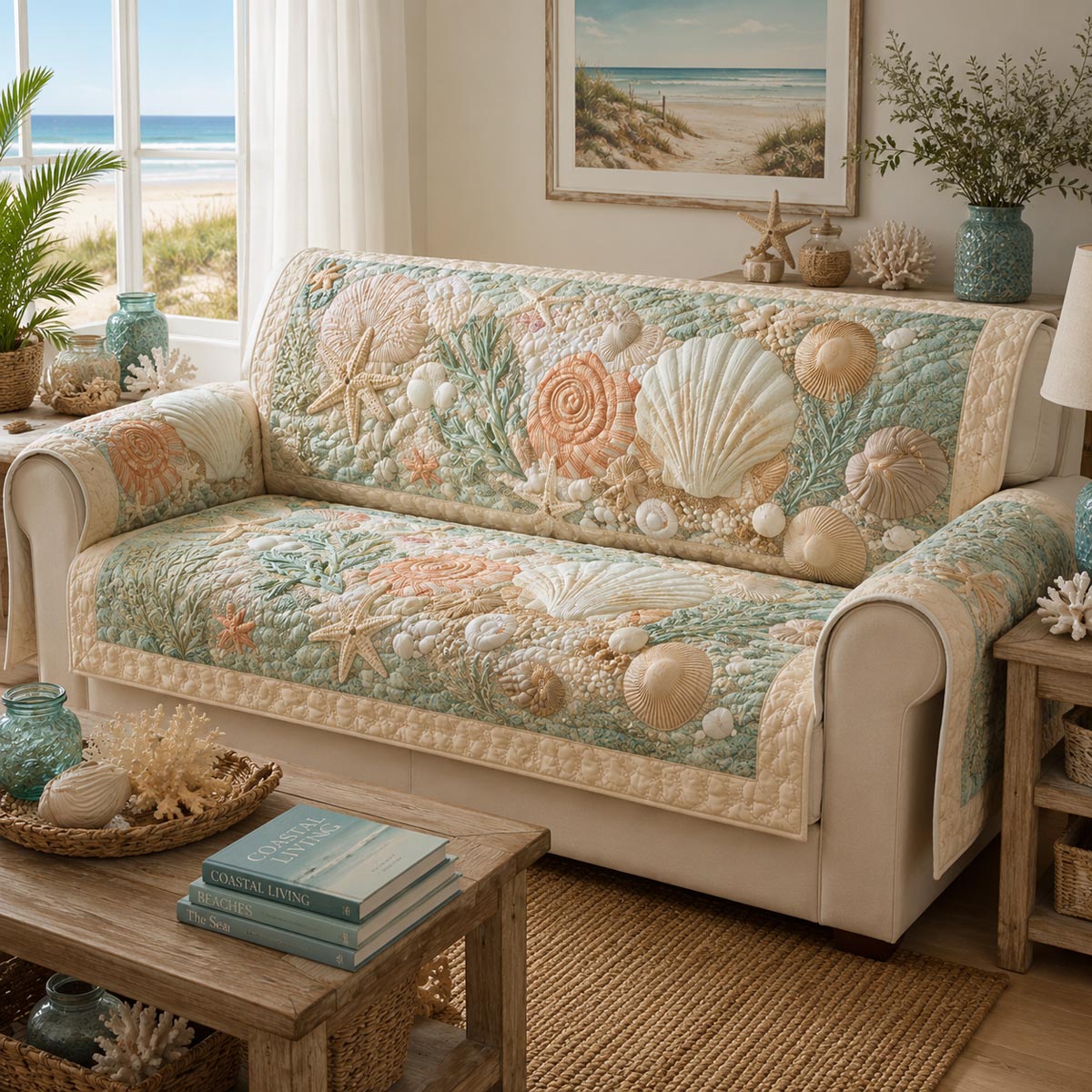 Seashell Serenity Quilted Sofa Cover NCU0DV9814