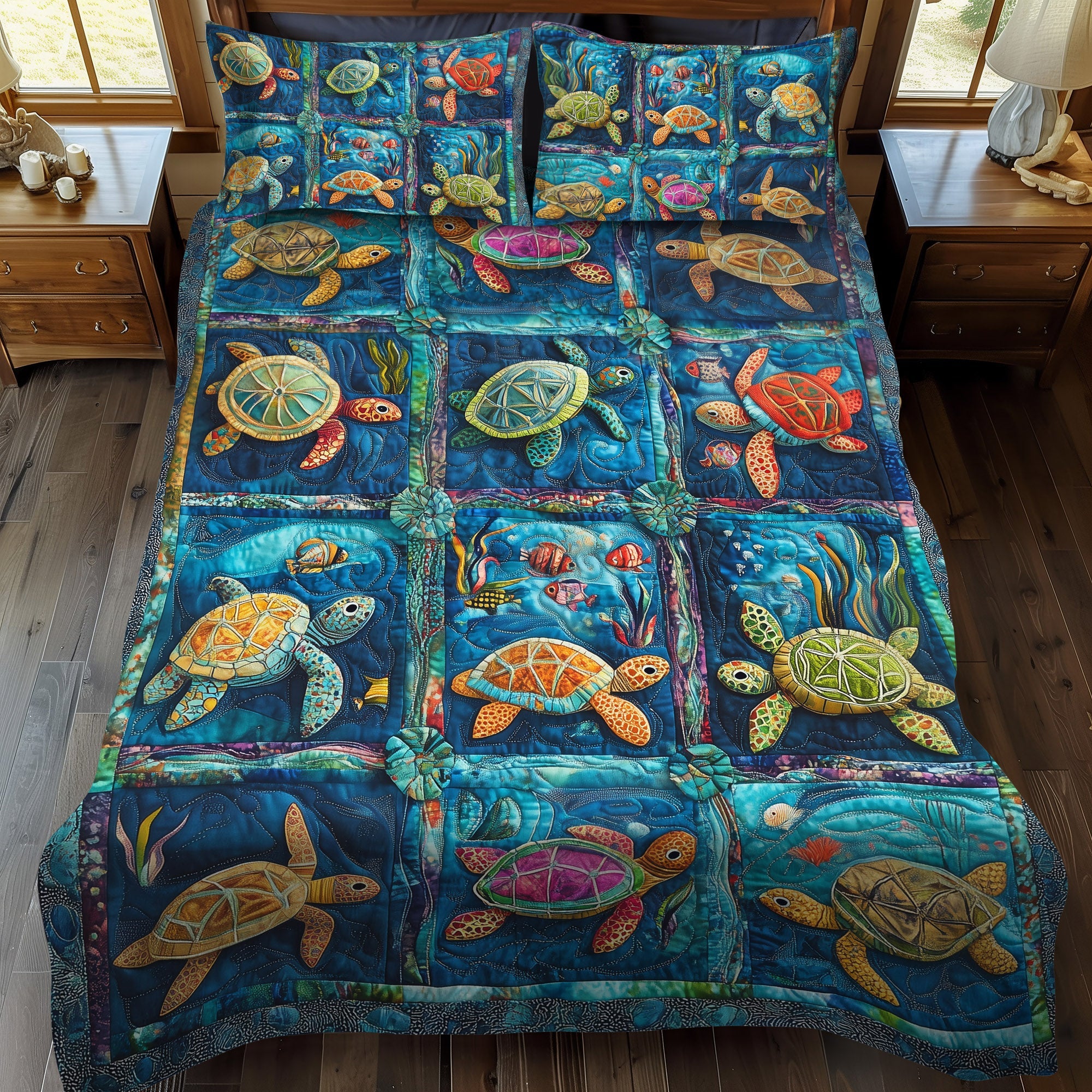 Seaside Turtle Retreat 3Piece Quilted Bedding Set NCU0PT1856 Vantique