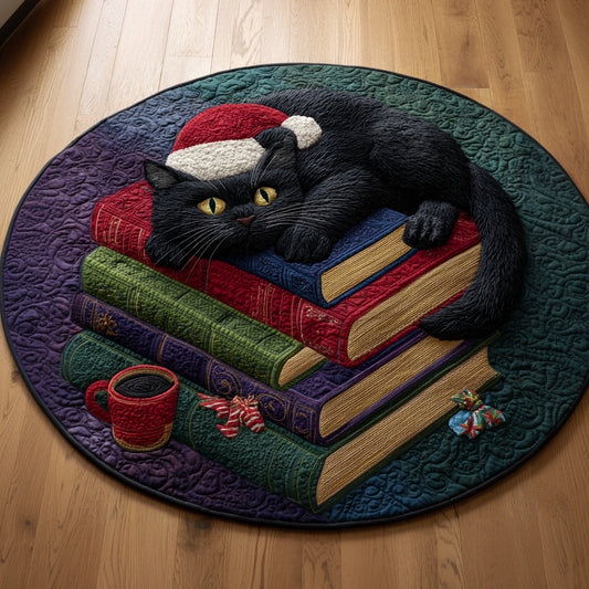 Seasonal Black Cat Book Quilted Round Mat NCU0HH704
