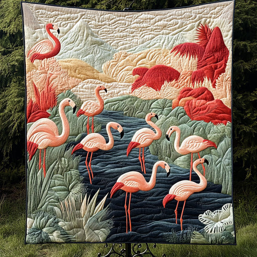 Serene Flamingo Garden Quilted Blanket NCU0NT4118