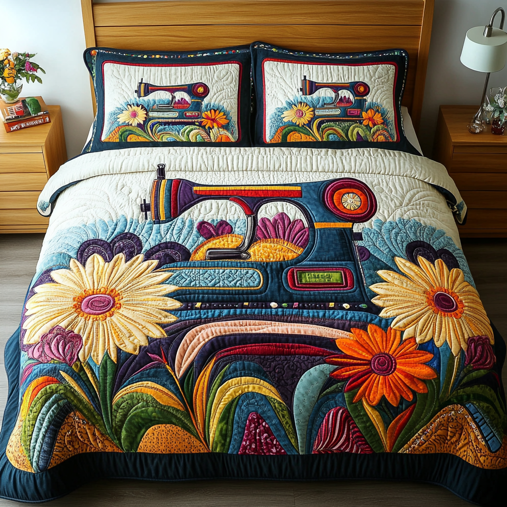 Sewing Machine Art 3-Piece Quilted Bedding Set NCU0DK7787