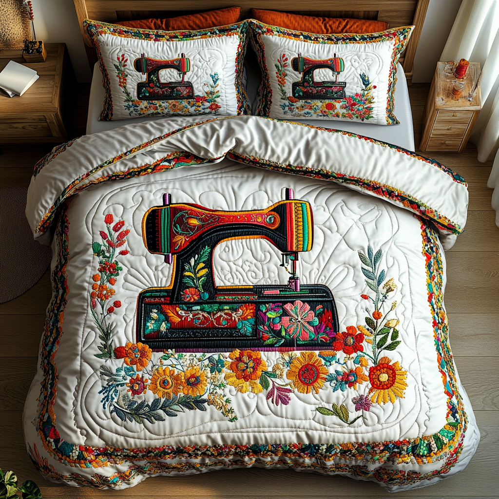 Sewing Machine Magic 3-Piece Quilted Bedding Set NCU0DK7786