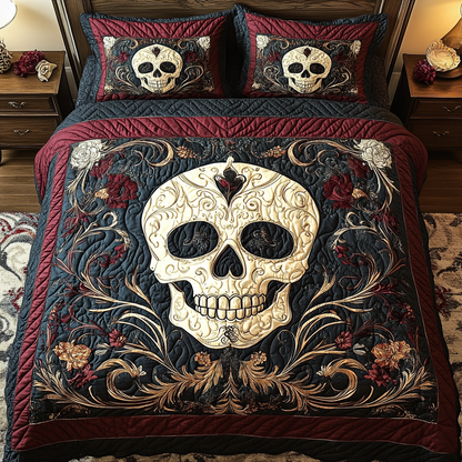 Shadowed Roses Skull 3-Piece Quilted Bedding Set NCU0TL2054