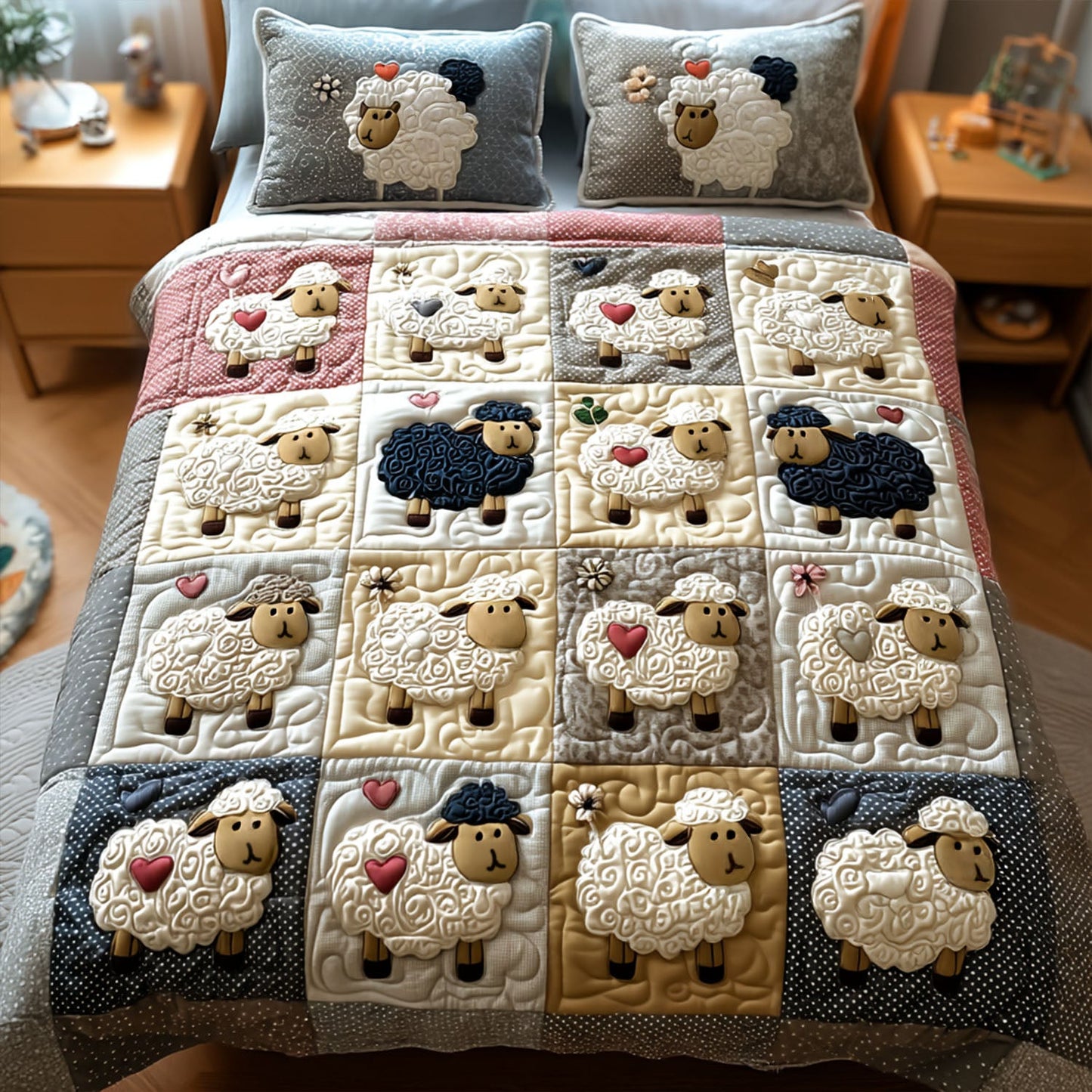 Sheep in Bloom 3-Piece Quilted Bedding Set NCU0PT7569