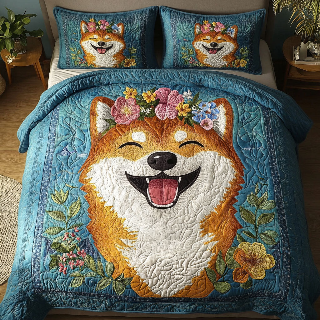 Shiba Flower Crown 3-Piece Quilted Bedding Set NCU0NT3324