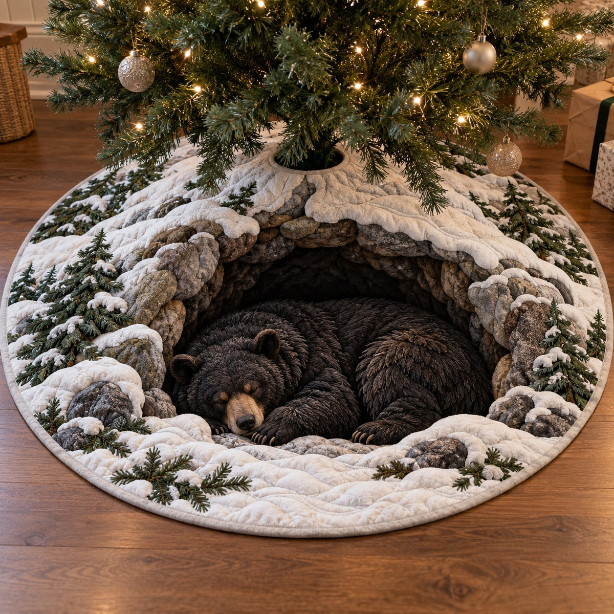 Sleeping Bear Snow Cave Christmas Quilted Tree Skirt NCU0TV2165