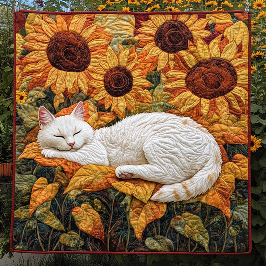 Sleeping Cat Sunflower Quilted Blanket NCU0PD591