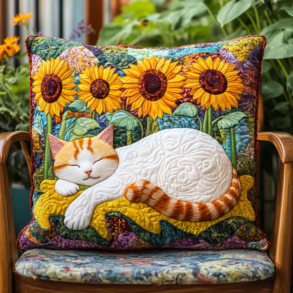 Sleeping Cat Sunflower Quilted Pillow Case NCU0PD608