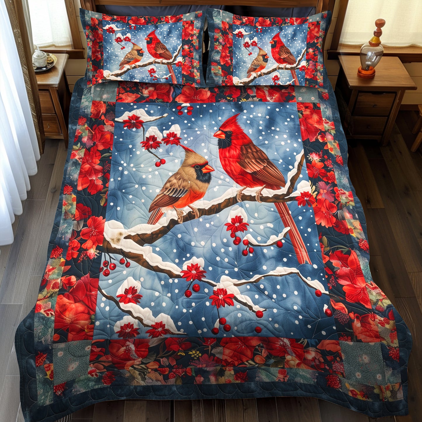 Snow Cardinal 3-Piece Quilted Bedding Set NCU0TH926