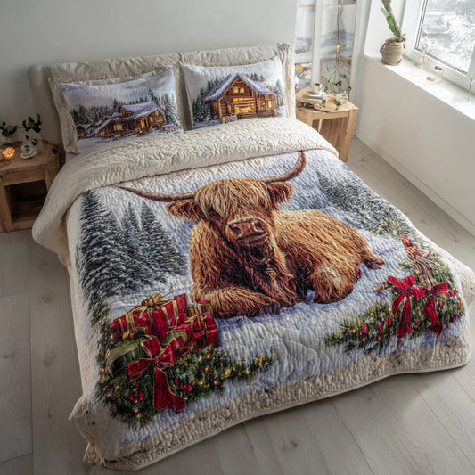Snow Highland Cow 3-Piece Quilted Bedding Set NCU0HH1187