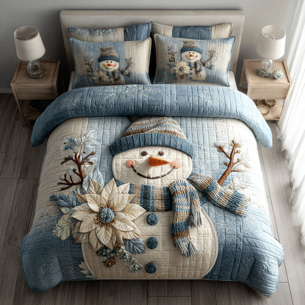 Snowman Blue 3-Piece Quilted Bedding Set NCU0HH1362