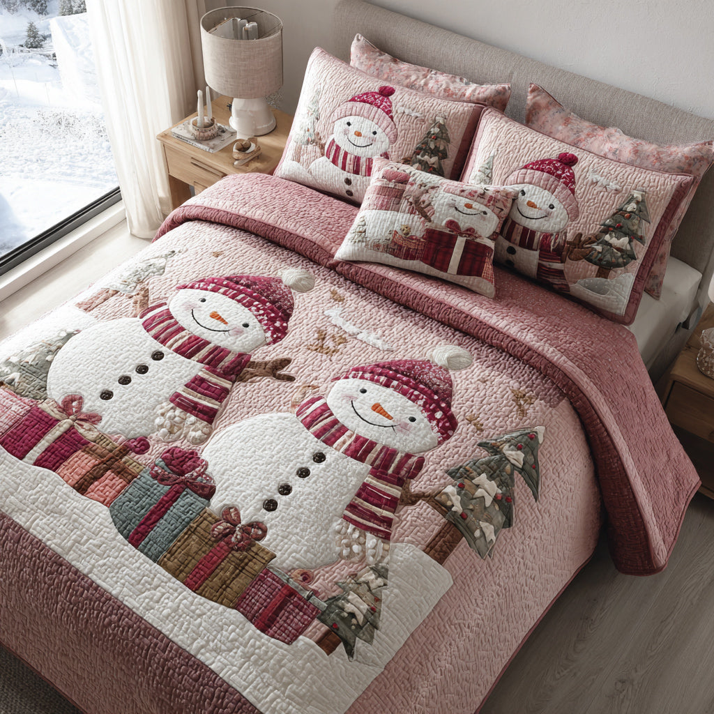 Snowman Pink 3-Piece Quilted Bedding Set NCU0HH1368