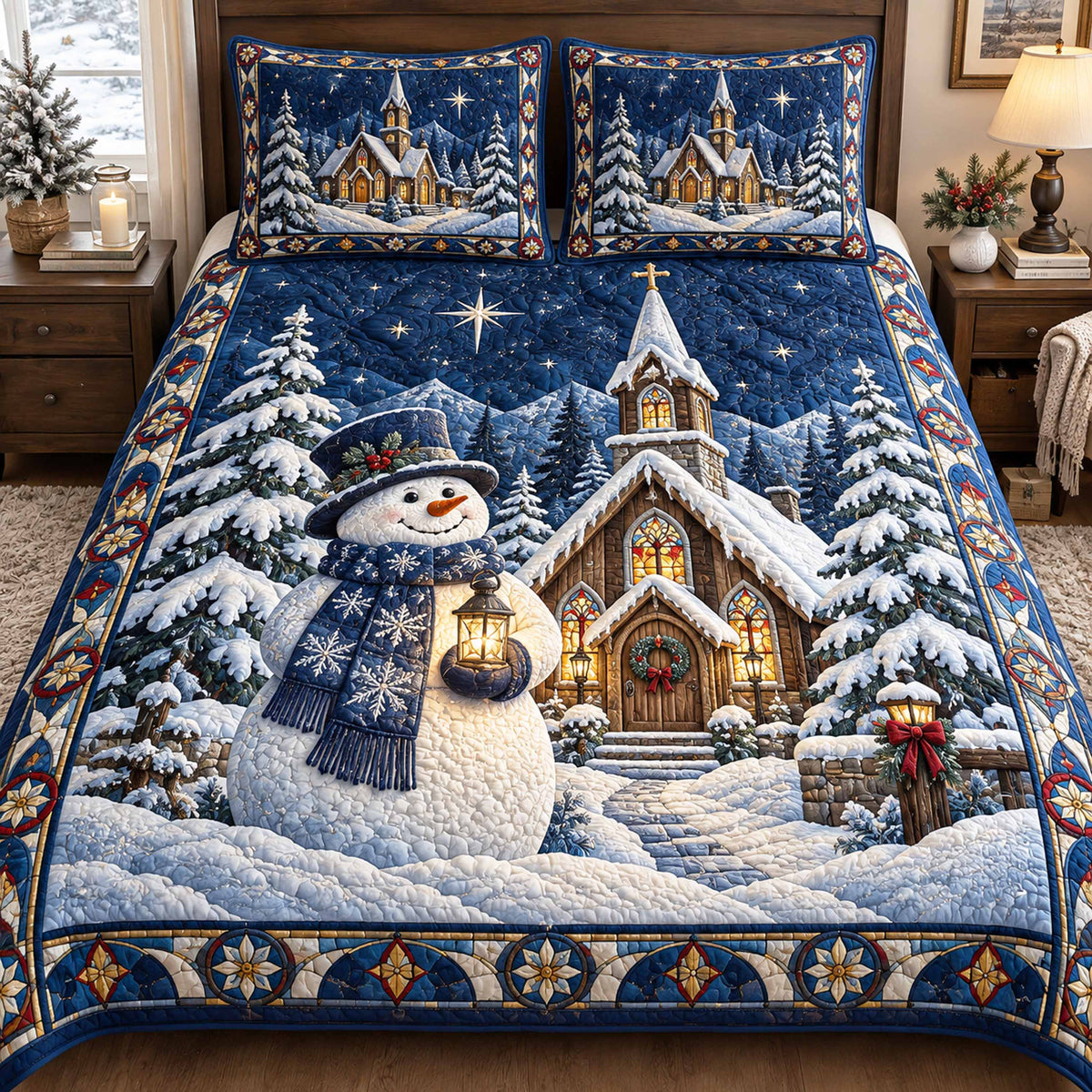 Snowmen Winter Village 3-Piece Quilted Bedding Set NCU0TD3213