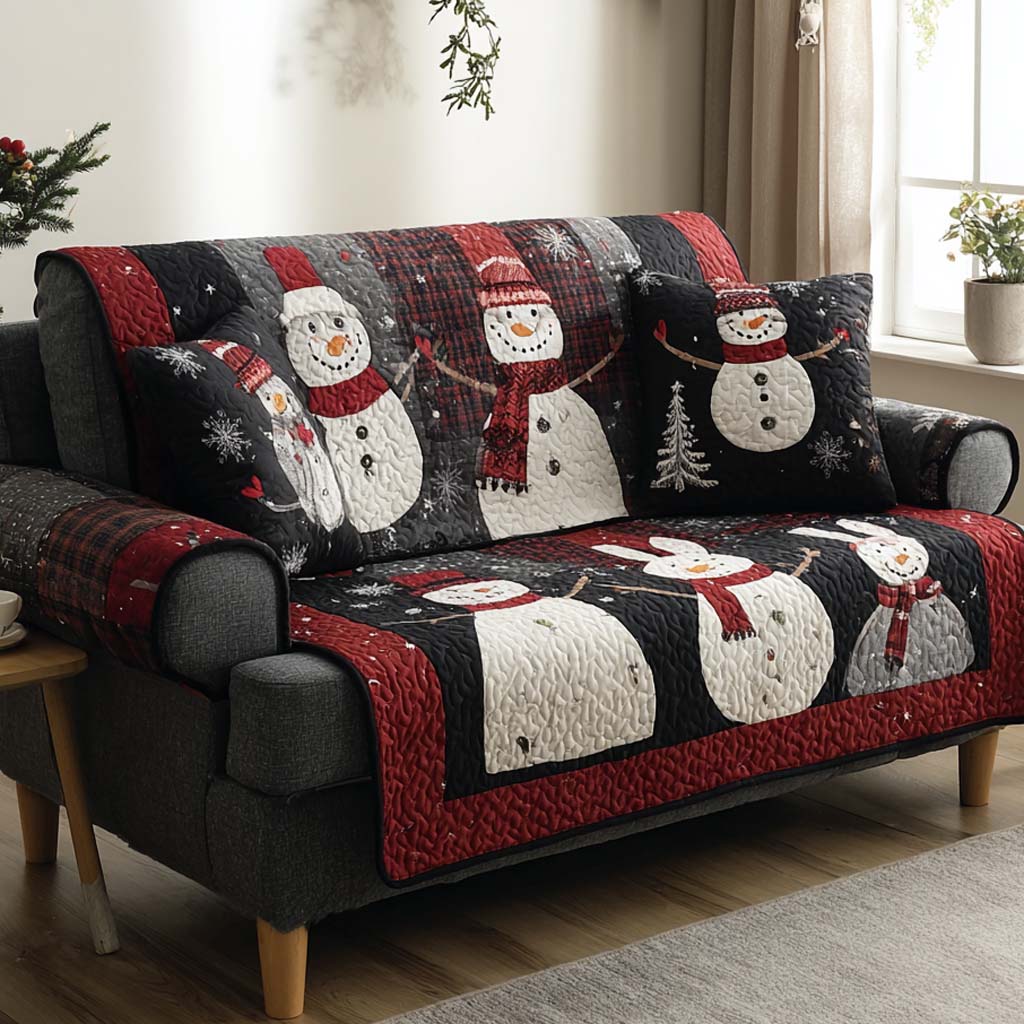 Snowmen on Black Plaid Quilted Sofa Cover NCU0XD2073