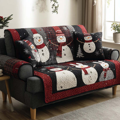Snowmen on Black Plaid Quilted Sofa Cover NCU0XD2073