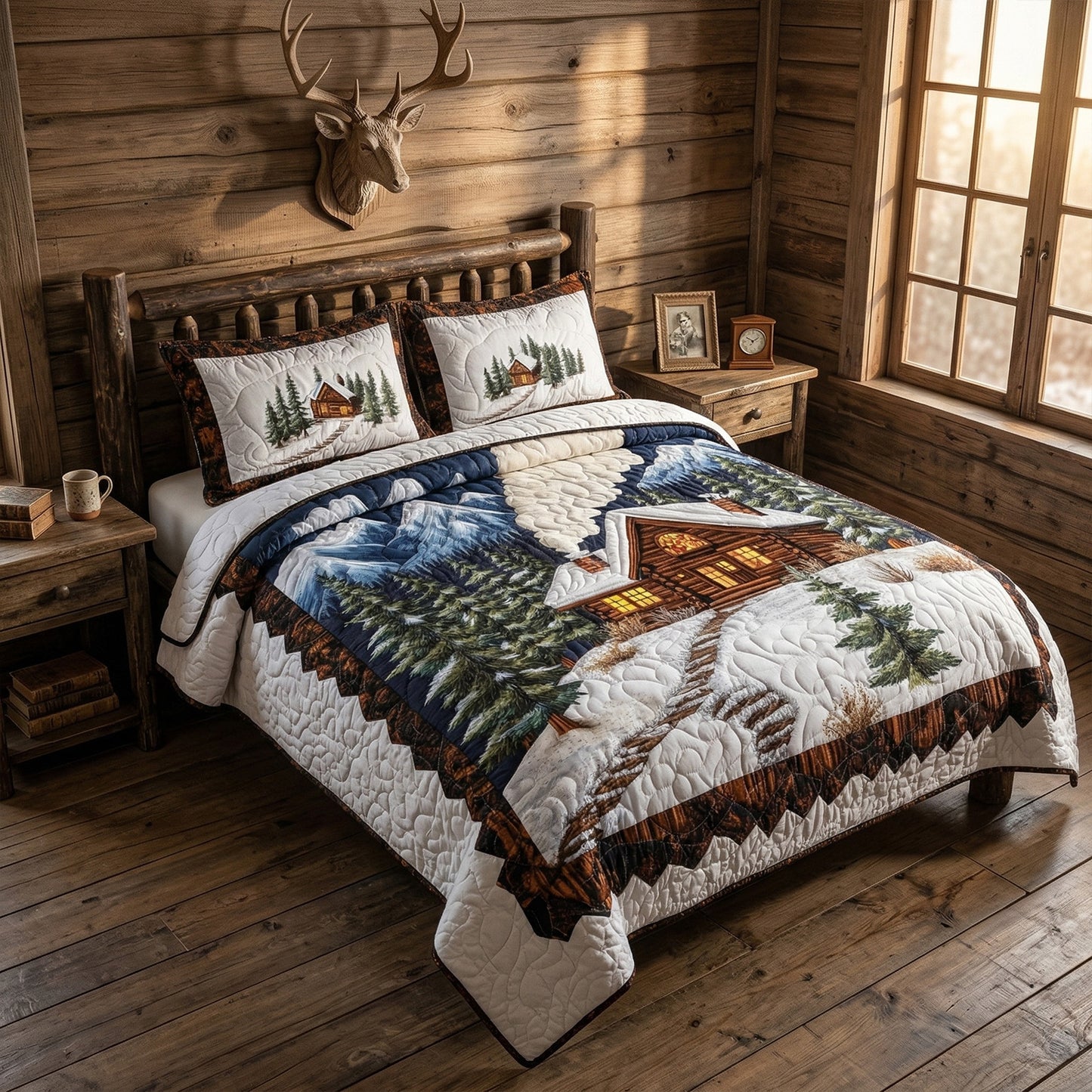 Snowy Cabin Evening 3-Piece Quilted Bedding Set NCU0NT3074