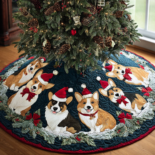 Snowy Corgi Cheer Quilted Christmas Tree Skirt NCU0DV8092
