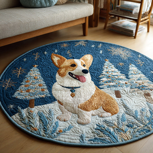 Snowy Corgi Scene Quilted Round Mat NCU0HH406