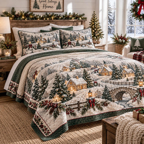 Snowy Cottage Christmas 3-Piece Quilted Bedding Set NCU0DV10150