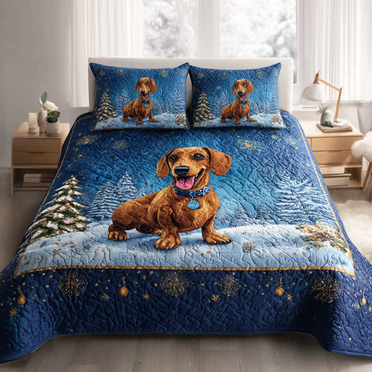 Snowy Dachshund Charm 3-Piece Quilted Bedding Set NCU0HH384