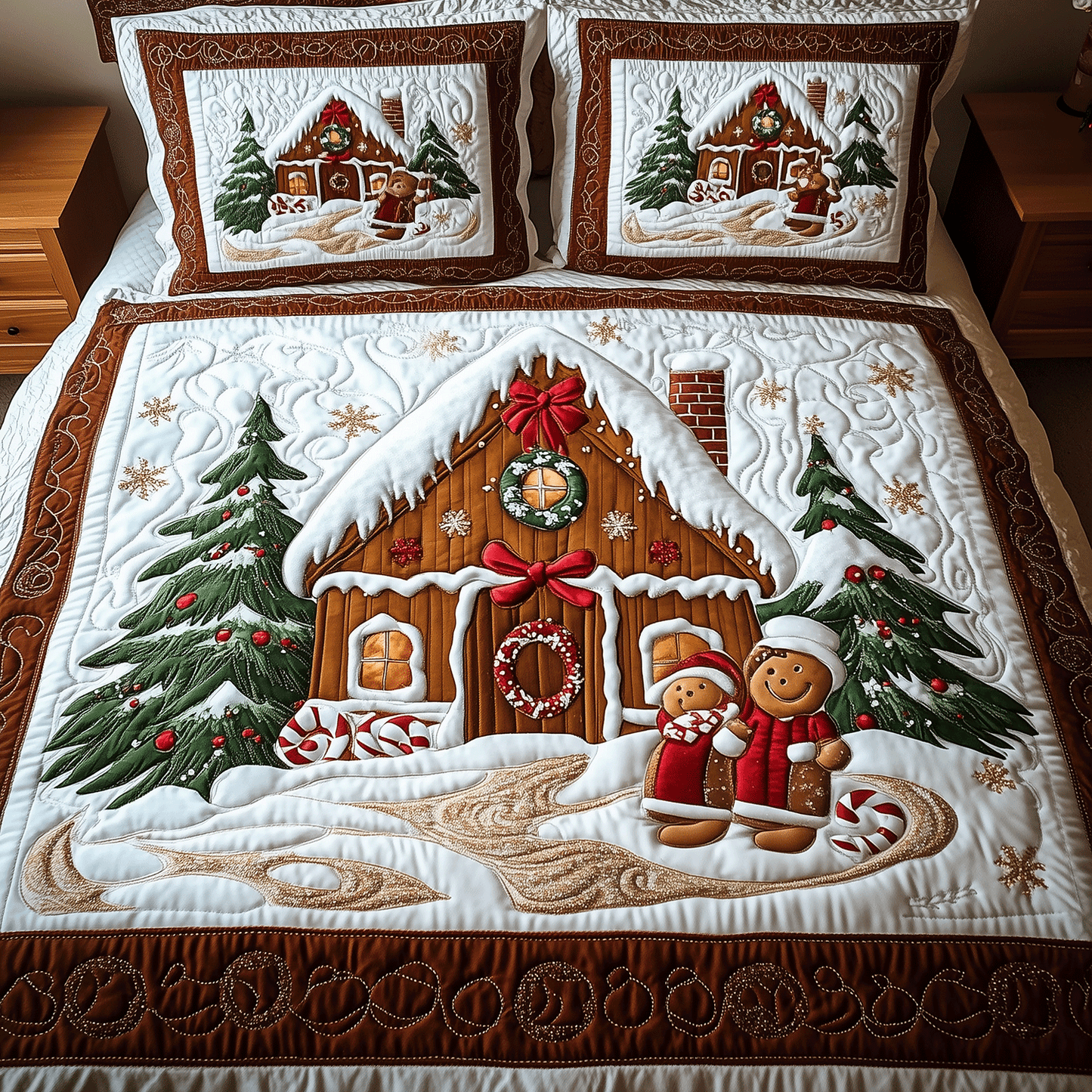 Snowy Gingerbread Nights 3-Piece Quilted Bedding Set NCU0TH2225