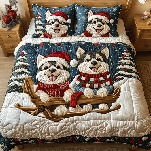 Snowy Husky Christmas 3-Piece Quilted Bedding Set NCU0TH2335