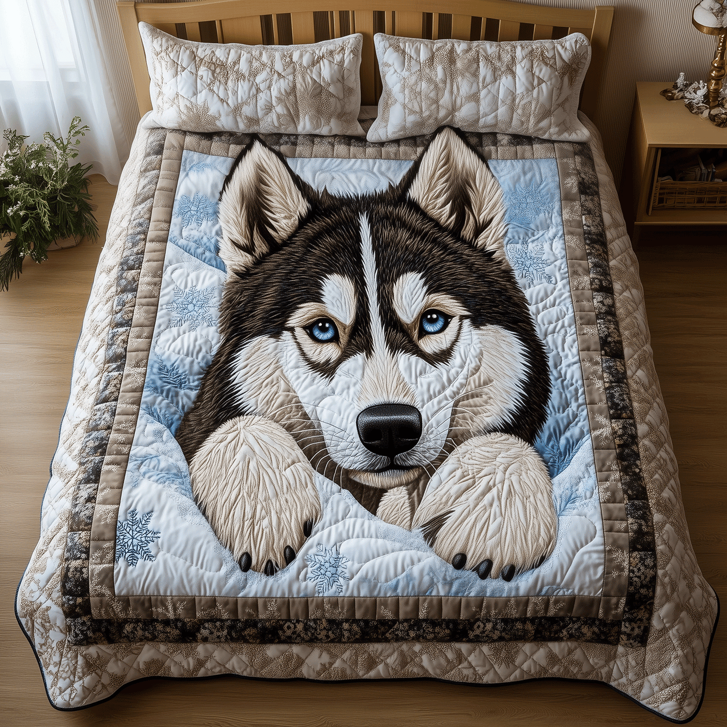 Snowy Husky Paws 3-Piece Quilted Bedding Set NCU0TH2539