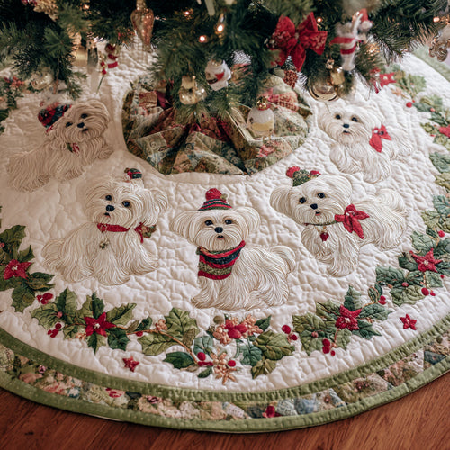 Snowy Maltese Paws Quilted Christmas Tree Skirt NCU0HH1016