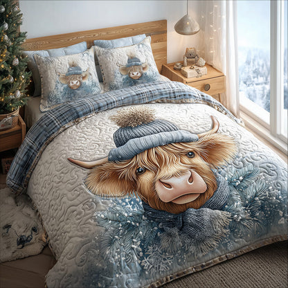 Snowy Snug Highland Cow 3-Piece Quilted Bedding Set NCU0TH3909