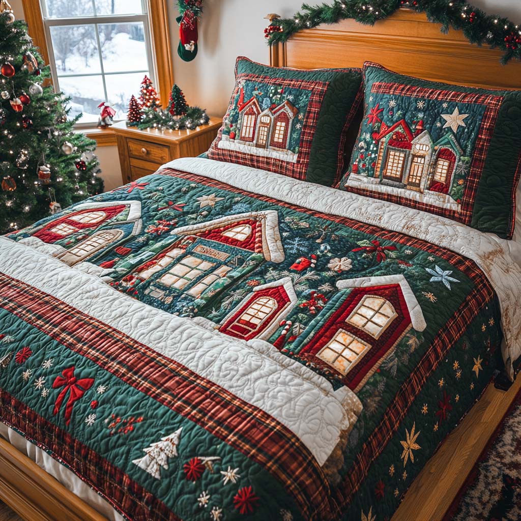 Snowy Village Night 3-Piece Quilted Bedding Set NCU0XD154