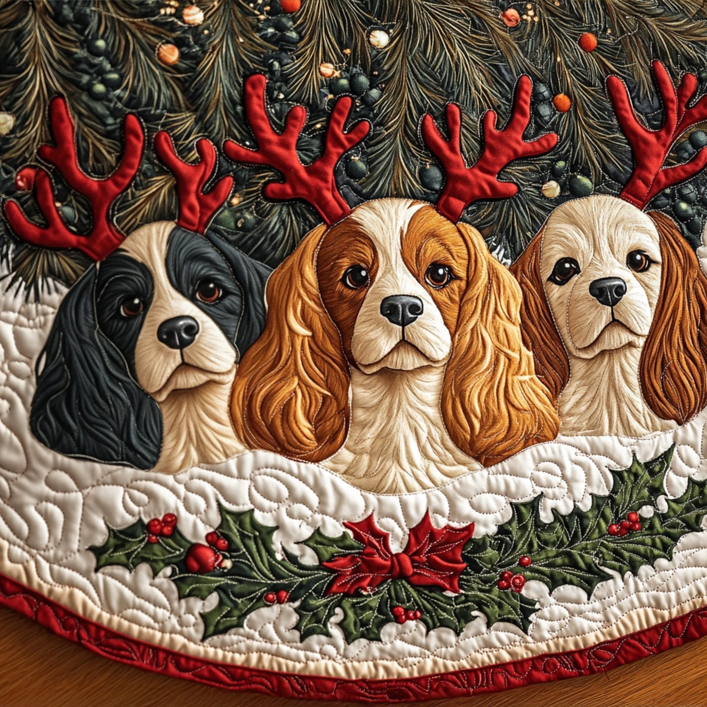 Spaniels Cuddles Quilted Christmas Tree Skirt NCU0PT2078