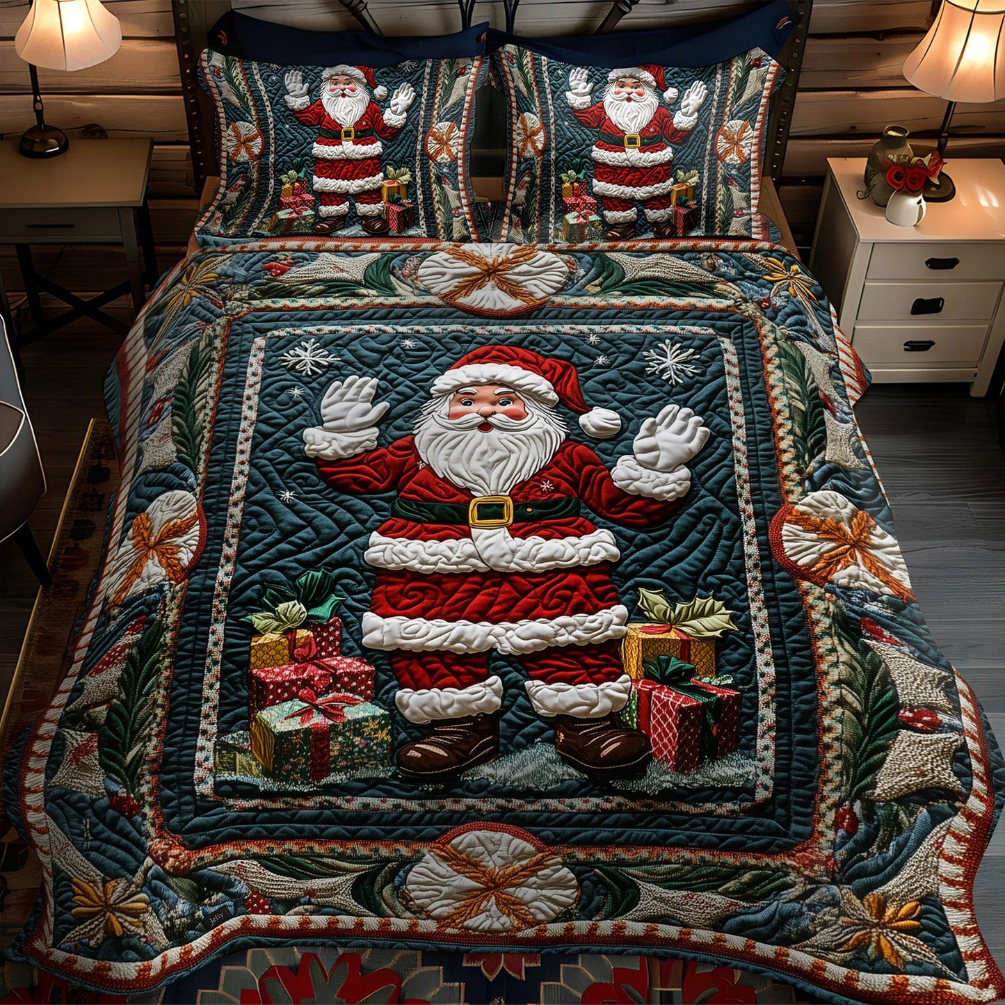 Sparkling Snowy Santa 3-Piece Quilted Bedding Set NCU0PT2119