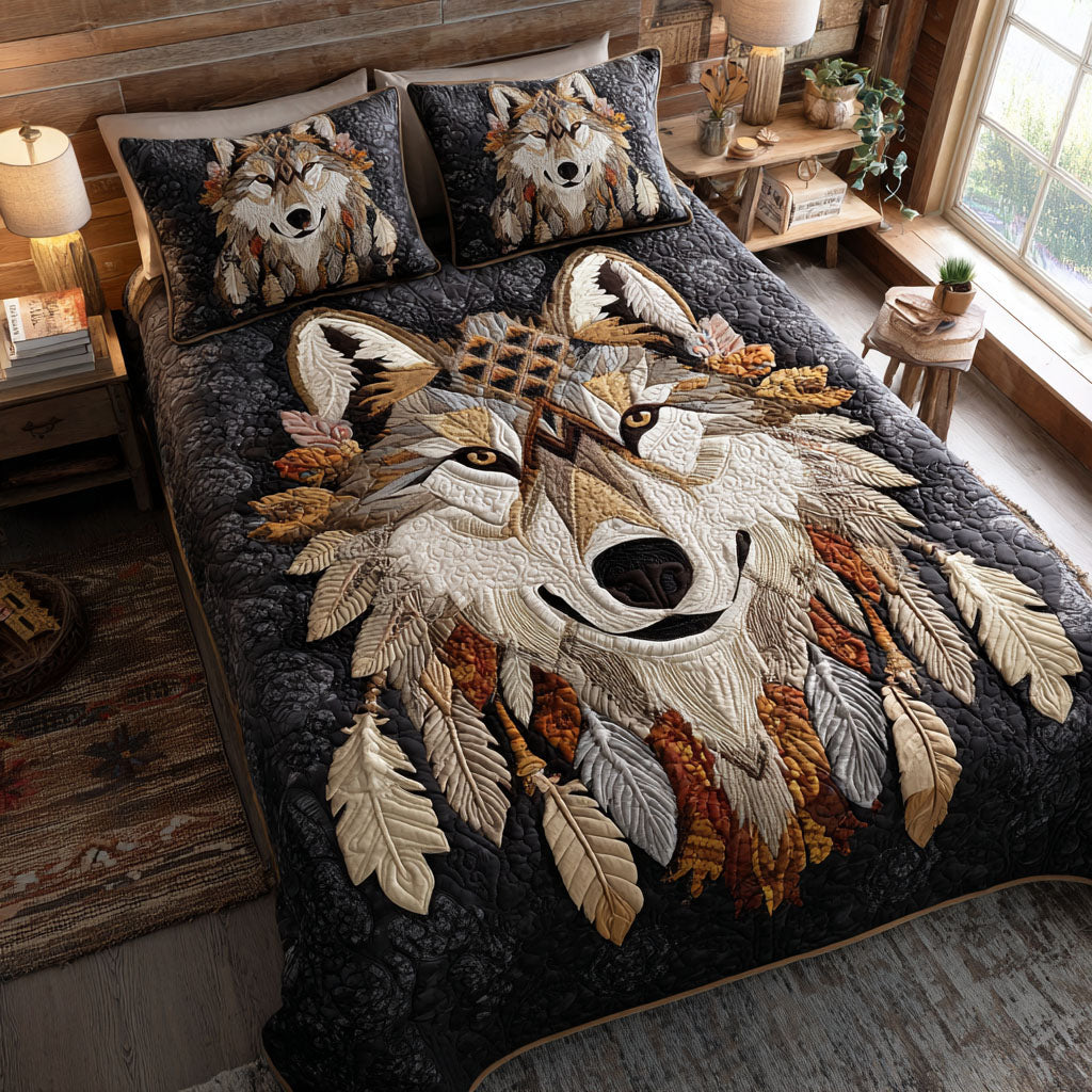 Spirit of the Moon Wolf 3-Piece Quilted Bedding Set NCU0PT9837