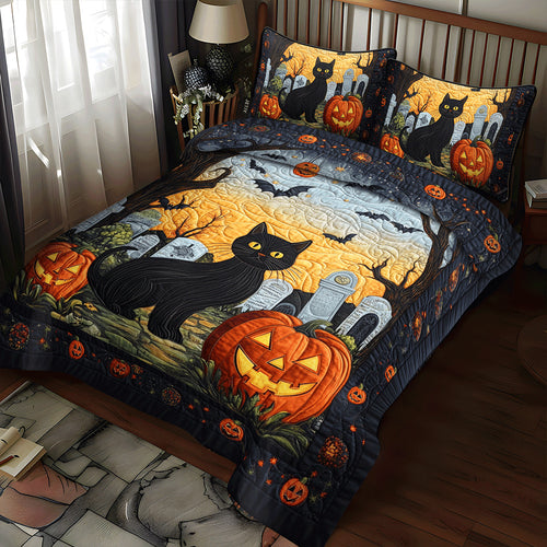 Spooky Cat Halloween 3-Piece Quilted Bedding Set NCU0PD428