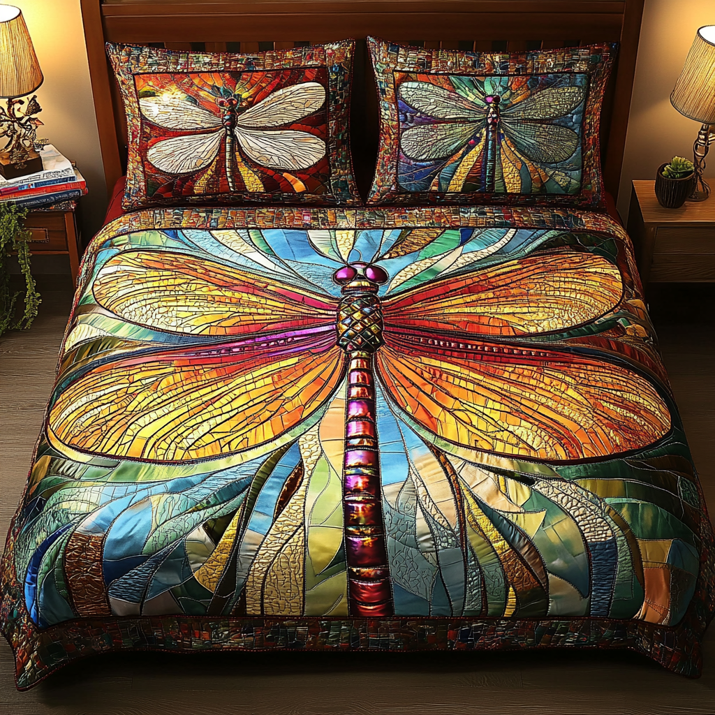 Stained Glass Dragonfly 3-Piece Quilted Bedding Set NCU0VL1033