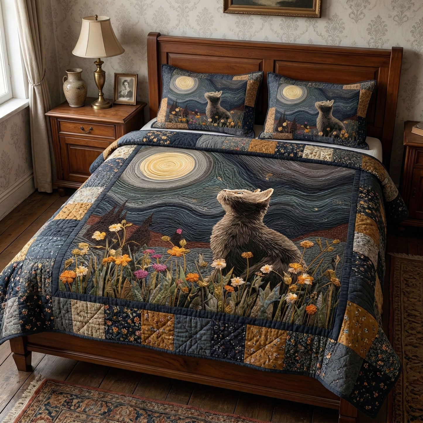Starlight Cat Field 3-Piece Quilted Bedding Set NCU0NT12469
