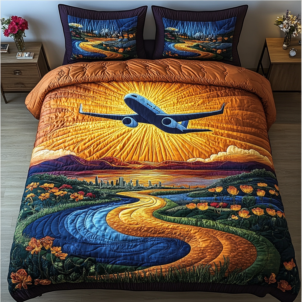 Starlit Airplane 3-Piece Quilted Bedding Set NCU0DK4190