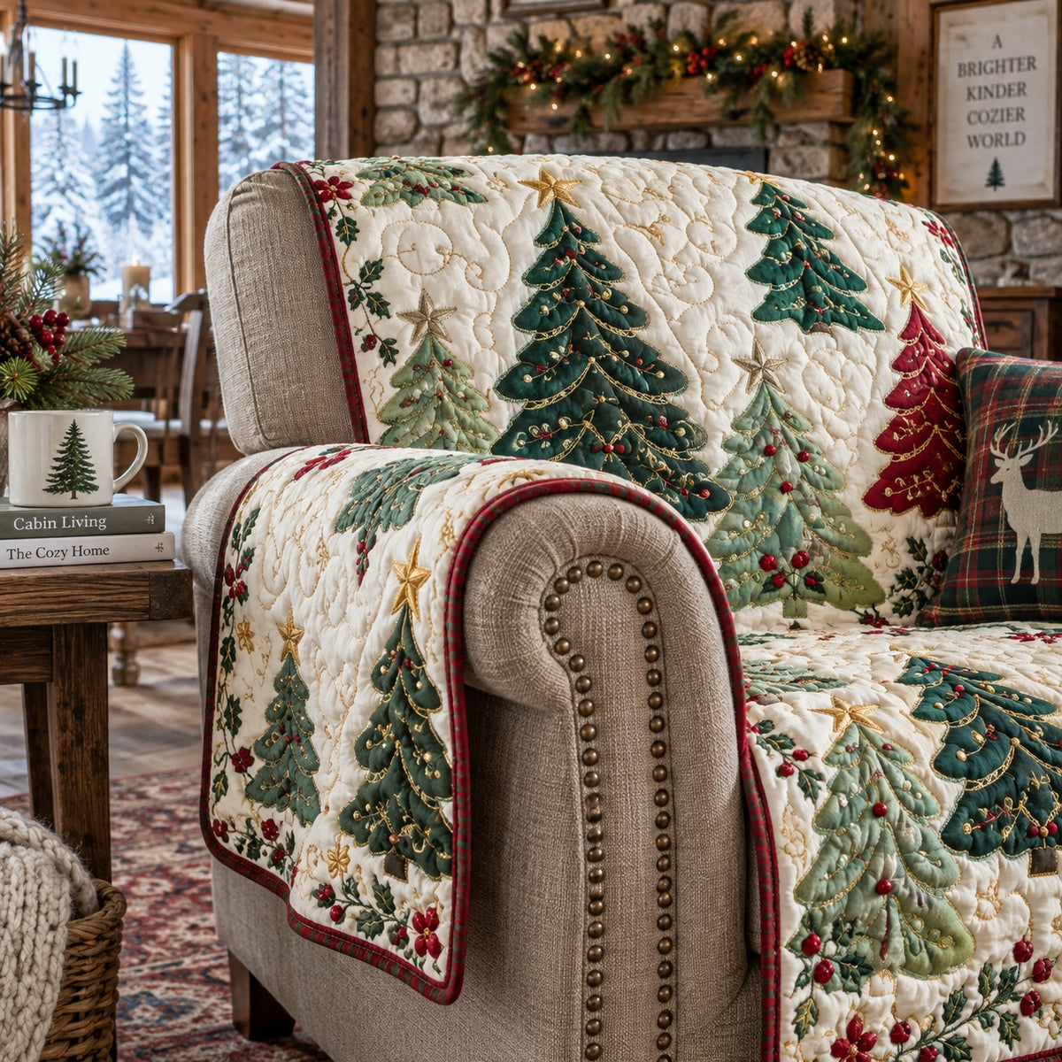 Starry Evergreen Grove Quilted Sofa Cover NCU0VL4046