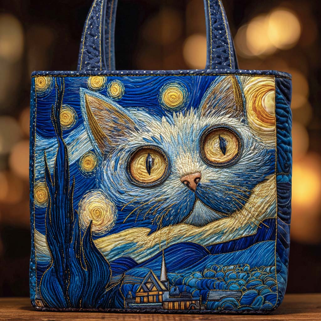 Starry Gaze Feline Quilted Tote Bag NCU0XD1206