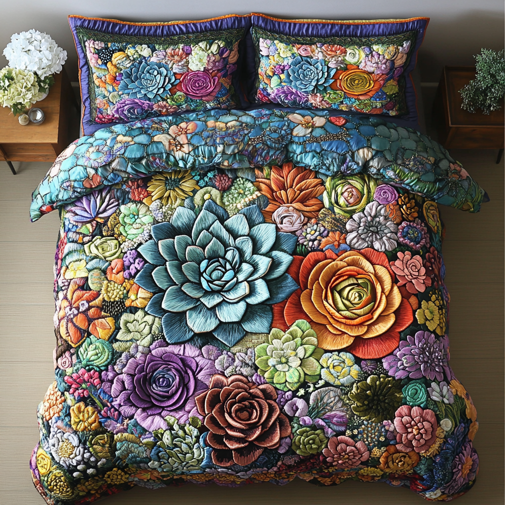 Succulent Garden 3-Piece Quilted Bedding Set NCU0DK5792