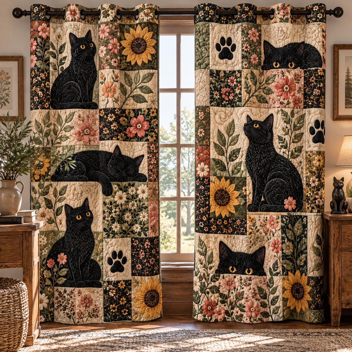 Sunflower Cat Garden Quilted Curtains NCU0DV10386