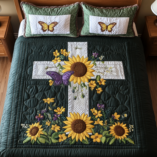 Sunflower Cross Butterfly 3-Piece Quilted Bedding Set NCU0NT3301