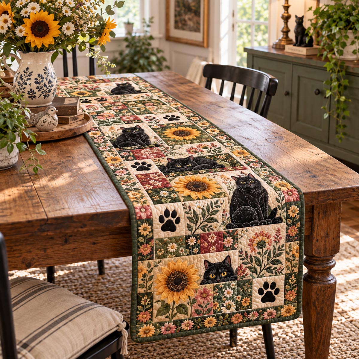 Sunflower Garden Cat Quilted Table Runner NCU0DV10480