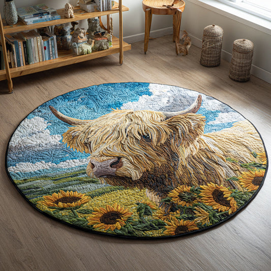 Sunflower Highland Cow Quilted Round Mat NCU0HH030