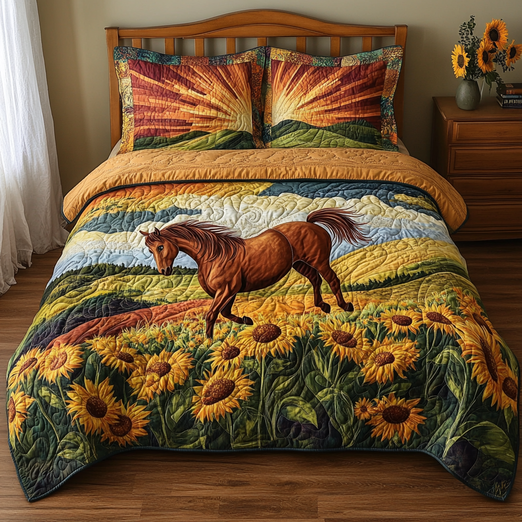 Sunflower Horse Parade 3-Piece Quilted Bedding Set NCU0DV4802