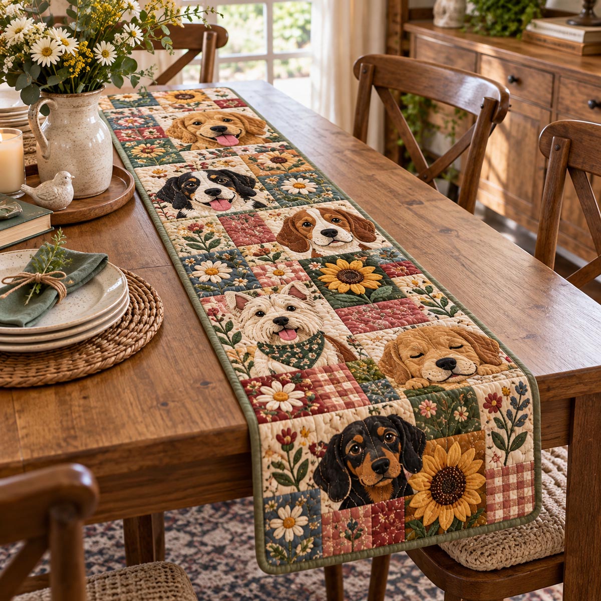 Sunflower Puppy Garden Quilted Table Runner NCU0DV10466
